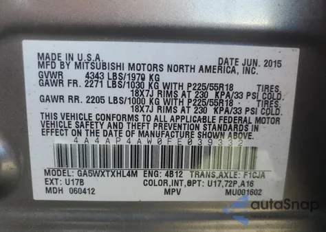 2015 Mitsubishi Outlander Sport Se из США, поврежденный, VIN 4A4AP4AW0FE039332